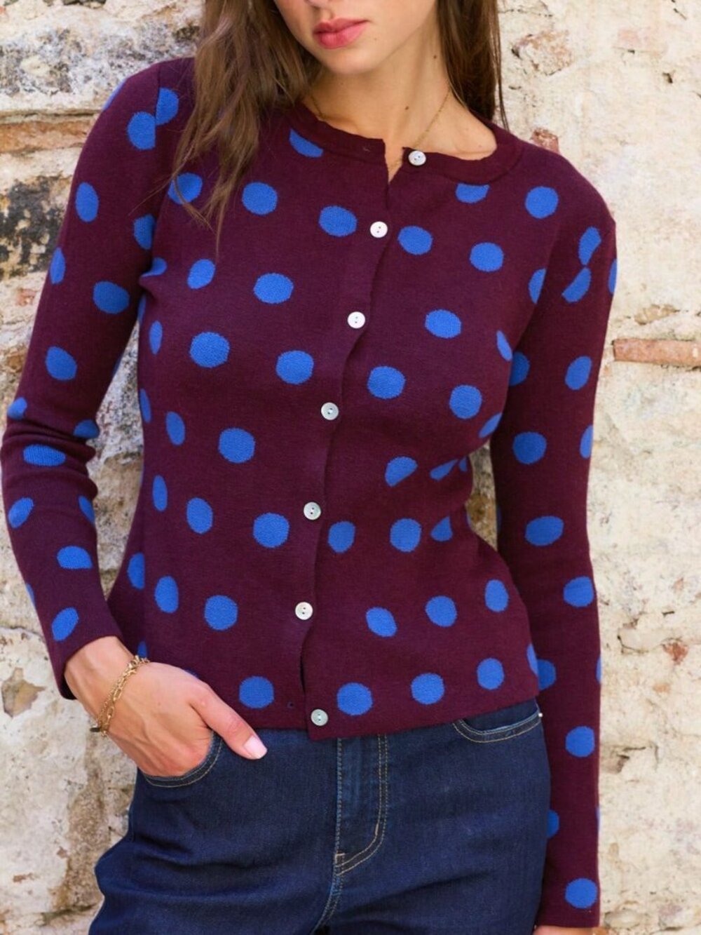 Multicolor Casual Women's Polka Dot Button Front Pocket Knit Cardigan - Picture 6 of 8